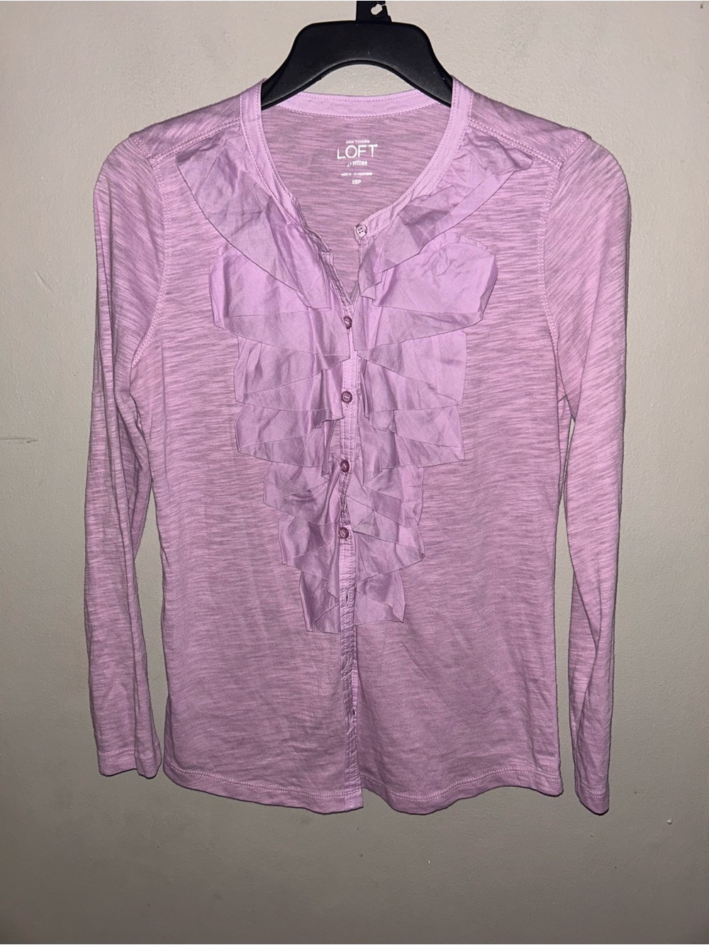 Loft Shirt - light purple button up ruffle front lightweight 100% cotton